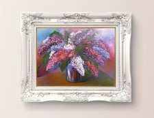 Peinture à l'huile originale bouquet de lilas en vase sur toile tendue de...