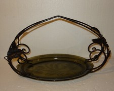 MAGNIFIQUE CORBEILLE COUPE DECOR RELIEF A FRUITS ART NOUVEAU FER FORGE ET VERRE