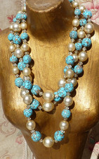 ANCIEN COLLIER 3 RANGS, PERLES en VERRE MURANO FANTAISIE VINTAGE vers 1950