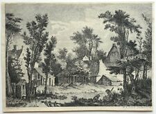 Eau-forte de Ernst d’après Boucher, paysage, enfant et chien, chaumières, XVIIIe