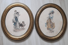 paire de gravures anciennes sous verre cadres ovales ancien en bois et stuc doré