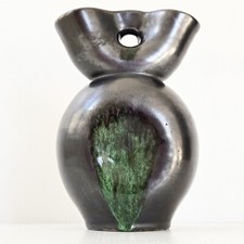 VASE VINTAGE 1960 EN CERAMIQUE NOIRE NACREE & VERTE 60S RETRO 1960S ANNEES 60