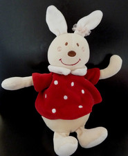 99. DOUDOU PELUCHE SUCRE D'ORGE LAPIN EN ROBE ROUGE POIS BLANC 23cm TBE lire svp