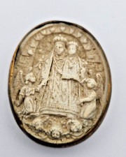 RELIQUAIRE XIX SIECLE VIERGE MARIE JESUS ANGES  MEDAILLON PLATRE  LAITON