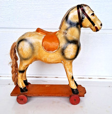 ANCIEN  JOUET   PETIT CHEVAL   A ROULETTES   CARTON MACHE