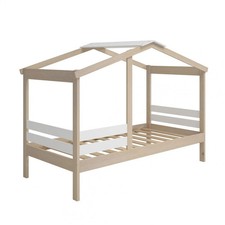 MESSA - Lit Cabane 90x190cm MDF et Pin Coloris Blanc et Naturel