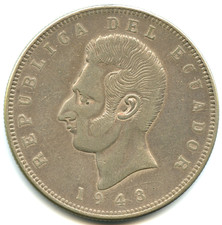 Equateur 5 sucres argent 1943 Mexico n°7842