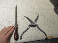 Ancien Fusil à Aiguiser Couteau de Boucher & Sécateur à Poulet Volaille "CHROME"