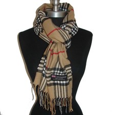 Echarpe laine  unisexe cachemire d'Ecosse carreaux plaid fond beige camel