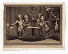 C15/60-GRAVURE ORIG-CHIRUBINS JOUANT AUX CARTES-C.ERRAR INUENTOR-M.MOSIN-18e