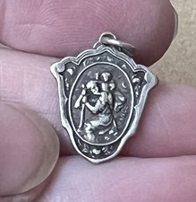 French Antique ¾” Silver Medal Saint Christopher Travelers Pendant Necklace