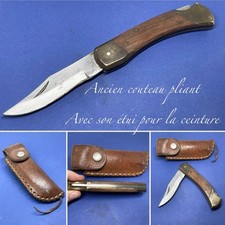 Ancien Très Beau Couteau De Chasse Pliant Avec Étui Ceinture En Cuir