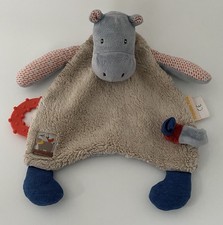 ?OCCASION Doudou plat Hippopotame Beige Bleu Gris Moulin Roty Les Papoum