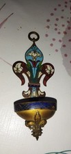 Ancien petit bénitier en bronze et émaux Cloisonné, forme fleur de lys