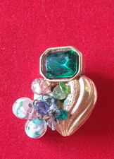 BROCHE VINTAGE - COEUR DORE STRASS PERLE MULITCOLORE