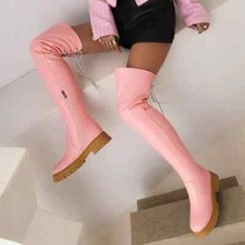 Bottes Femme sur Le Genou Rose Confortable Rangers Cuir Synthetique 49873