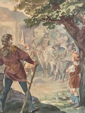 Très Belle Peinture XIXe Gouache Papier Guillaume Tell Arc Fleche Pomme Ancien