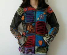 FJ10 COTTON FLEECE JACKET NEPAL : Handmade Ribs Floral Hippie Bohemian Coat M 