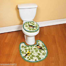 Green Blue Spring Songbird Bird Branch Leaf Bath Toilet Rug Mat Set Decor