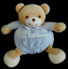 A4. DOUDOU PELUCHE BOULE TAKINOU OURS BLEU BEIGE MARRON RAYE VICHY COEUR NEUF*