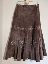 RENE DERHY : JUPE 100% CUIR DAIM VINTAGE BOHEME BRODERIES MARRON DOUBLÉE SKIRT