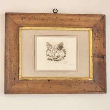 Petite Gravure Chat Signature à Identifier dans Cadre 31,8 x 25,3 cm