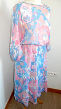 robe T38 vintage vrai années 70's voile bleu motifs à fleurs + un jupon 586&