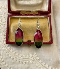 ANCIENNES  BOUCLES D'OREILLES ARGENT MASSIF -VÉRITABLE TOURMALINE -FLEUR DE LYS