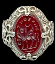 Bague chevalière cornaline en argent Pegasus en taille-douce, sceau de marcha...