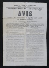 Affiche originale 17 Août 1915 GOUVERNEMENT MILITAIRE DE PARIS réformés WW1