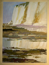 Bernadette SERS (1928-2000) RARE PEINTURE GOUACHE PAYSAGE FALAISE NORMANDIE 1970