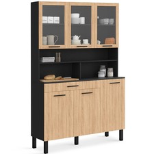 Buffet de cuisine vitré 120 CM CINA 6 portes + tiroir noir et façon hêtre