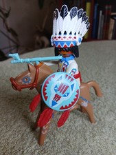Western PLAYMOBIL 1974 & 1993 - Chef Indien et cheval, coiffe, bouclier, calumet