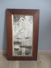 Tableau Litho / Gravure  Art Déco  signé Georges Grellet Femme bord de l'eau