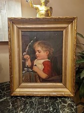 Peinture ancienne huile sur toile Enfant Jouant Aux Dominos