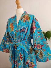 Robe Kimono En Coton Turquoise Indien Vêtements De Nuit Kantha Matelassée