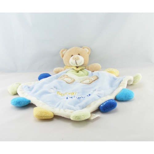 Doudou plat ours - bleu, jaune