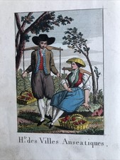 Très Rare gravure Vintage Mode Costume Habits des Villes Anséatiques 1820