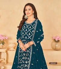 Robe traditionnelle brodée Anarkali en fausse georgette bleu sarcelle avec...