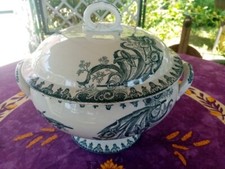 Grande Soupière Légumier ancien Terre Fer Sté Amandinoise Modèl Iris Vert 29,5cm