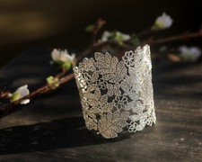 Bracelet Manchette Réglable Rigide Feuille Arbre Argenté Art Nouveau Floral QD27