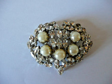 Ancienne Boucle de Ceinture Métal Argenté Perles Strass Vintage