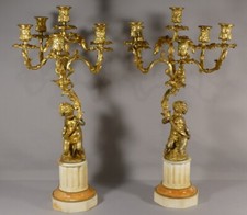 Paire De Candélabres Aux Amours En Bronze Doré Et Marbre Clodion, Napoléon III