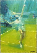 Vintage Original Oil Painting on Canvas, Tennis Player on Court, Sport, Signed