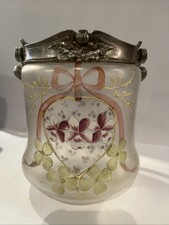 Ancien seau à biscuit en verre givré ,décor de fleurs émaillé Legras Art Nouveau