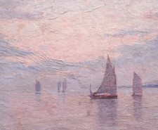 Tableau encadré paysage marine bateau crépuscule mer Charles SIGNORET Etaples