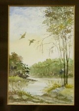 Aquarelle vers 1970 paysage aux canards 