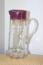 Ancien pichet , carafe , en verre soufflé émaillé , art nouveau 25.4 cm