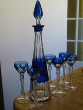 VINTAGE SIX CORDIALS + DECANTER GLASS CRYSTAL BLUE LAGON VAL ST LAMBERT BELGUIM