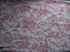 ANCIEN COUPON TISSU STYLE JOUY SCENES ANCIENNES MOTIFS ROUGE FOND BLANC - J 52/3